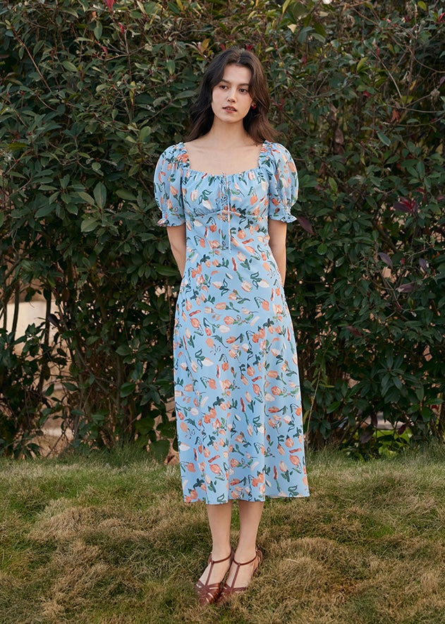 Blossom Breeze Dress | Puff Sleeve Blue Floral Summer Dress