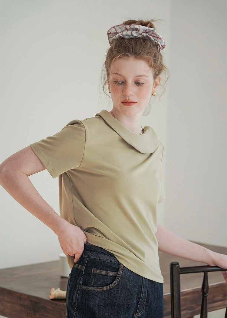 Morning Collar Knit Top Soft Vintage Short Sleeve Tee(2COLOR)