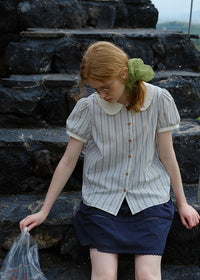 Blue Stripe Peter Pan Collar Puff Sleeve Blouse