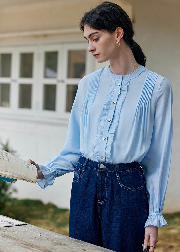 Cloudlight Pin Tuck Blouse | Vintage Blue Long Sleeve Ruffle Shirt