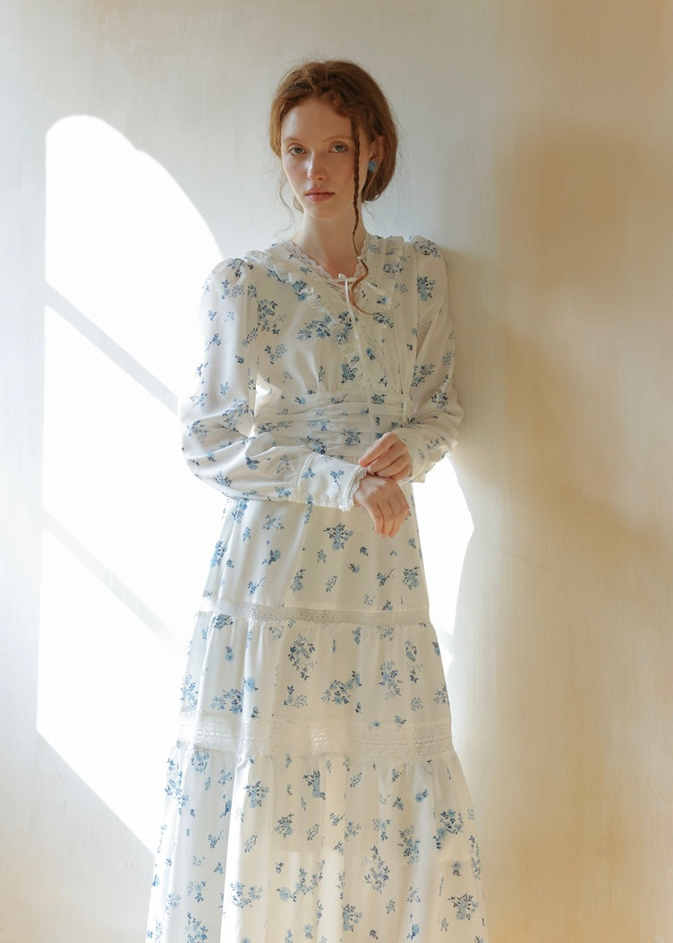 Blue Garden Vintage Floral Long Sleeve Dress