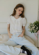 Evelyn Eyelet Blouse | Vintage White Cotton Shirt with Pintuck and Lace Collar