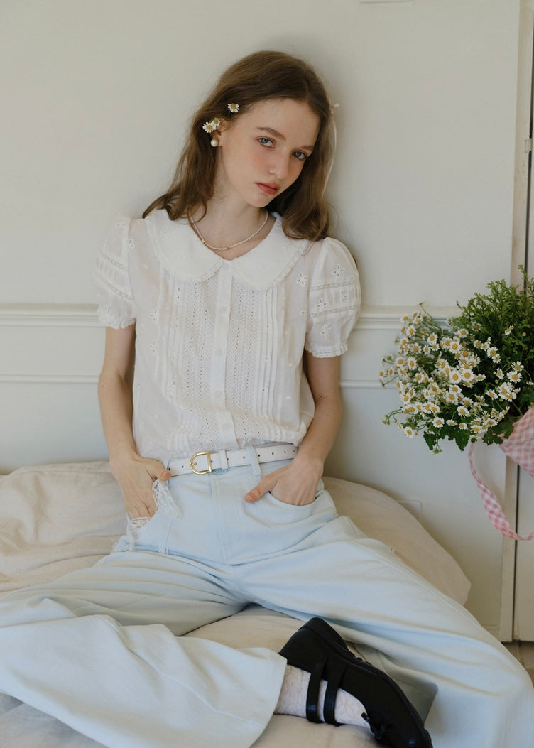 Evelyn Eyelet Blouse | Vintage White Cotton Shirt with Pintuck and Lace Collar