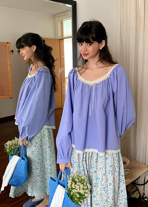 Cornflower Blue Vintage Lace Trim Silk Blouse