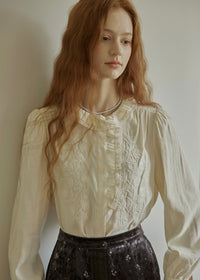 Romantic Cream Lace Embroidered Ruffle Collar Vintage Blouse
