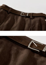 Brown Suede A-Line Midi Skirt with Belt