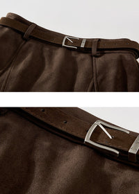 Brown Suede A-Line Midi Skirt with Belt