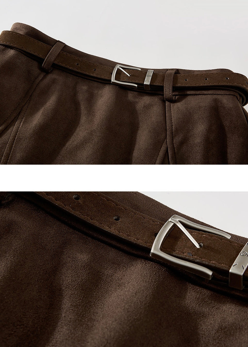 Brown Suede A-Line Midi Skirt with Belt