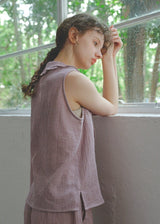 Soft Mauve Cotton Pajama Set Vintage Check Sleeveless Wide Lounge Set