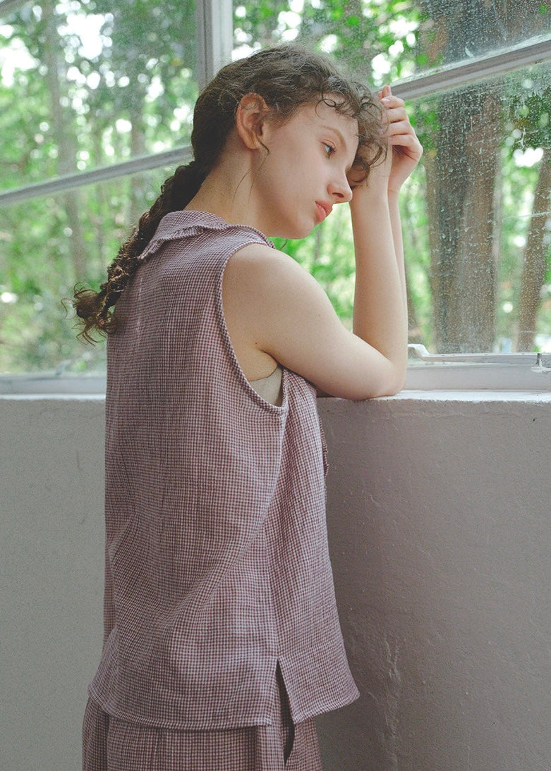 Soft Mauve Cotton Pajama Set Vintage Check Sleeveless Wide Lounge Set