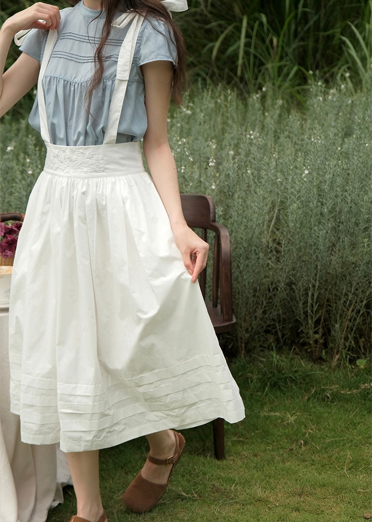 Sunday Light Cotton Bib Dress | White Pleated Embroidered Midi