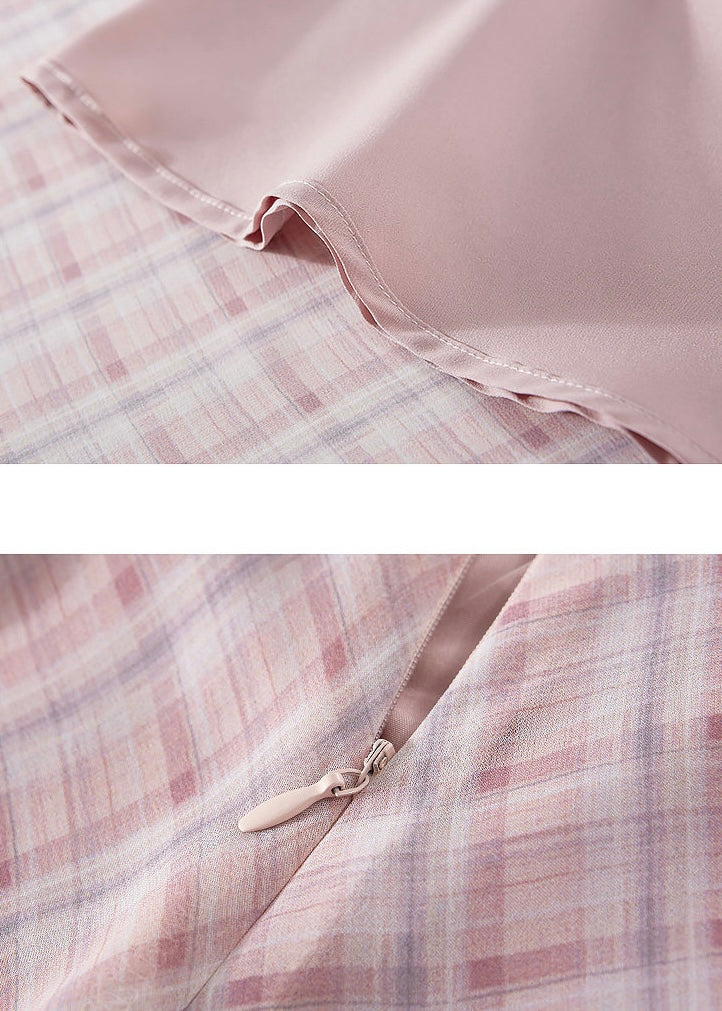 Soft Pink Plaid High Waist Flare long Skirt