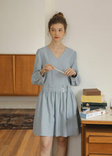 Soft Mist Belted Vintage Pastel Blue Dress