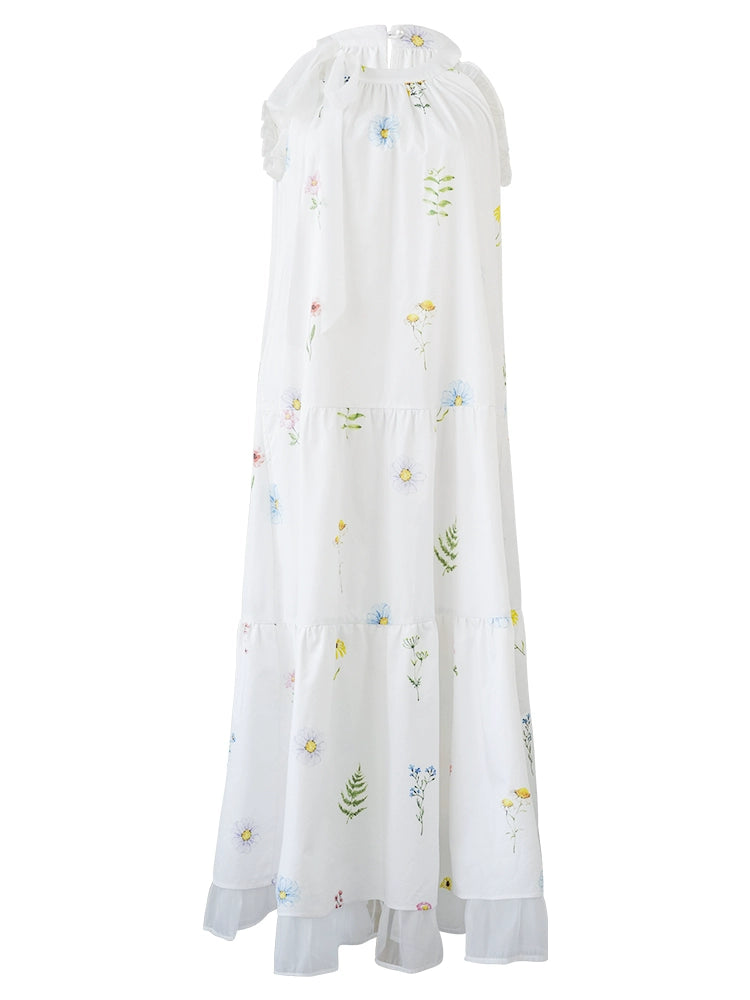 Field Whispers White Embroidered Halter Neck Dress