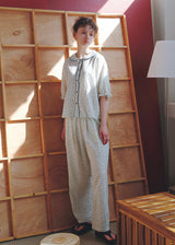Blue Calm Cotton Pajama Set Floral Piping Collar Loose Lounge Set