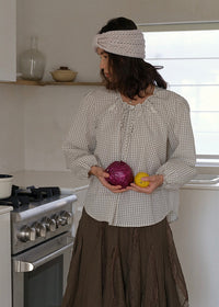 Vintage Gingham Embroidered Puff Sleeve Tie Front Blouse