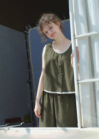 Moss Green Quiet Cotton Pajama Set Vintage Plaid Sleeveless Lounge Set