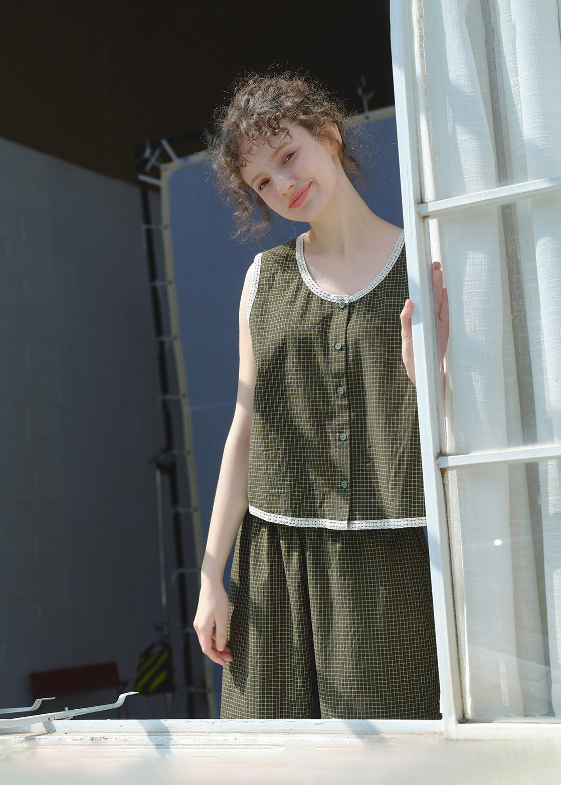 Moss Green Quiet Cotton Pajama Set Vintage Plaid Sleeveless Lounge Set