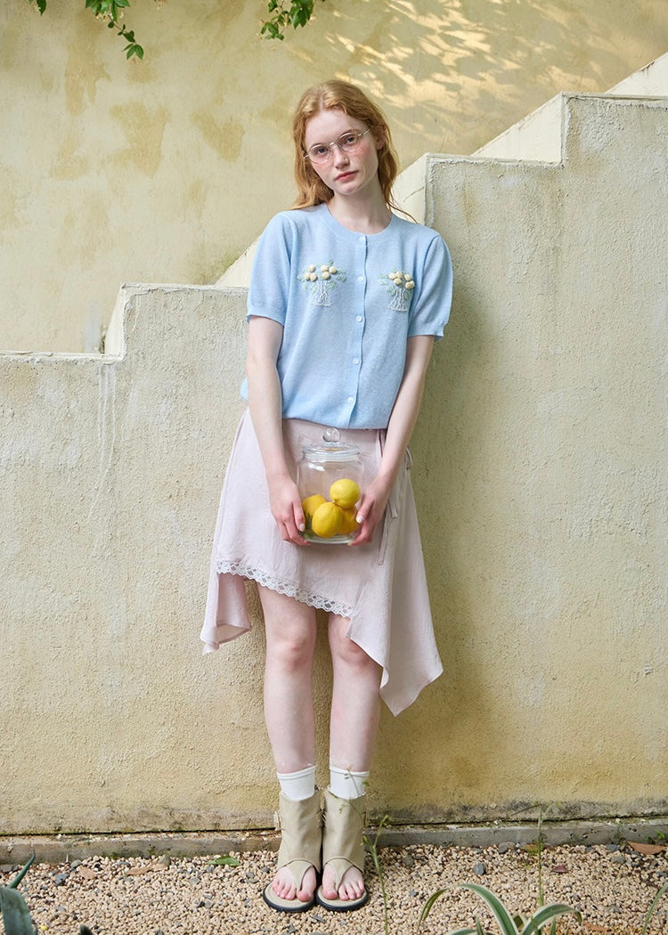 Lemon Letter Sky Knit Cardigan Blue Short Sleeve Knit Top