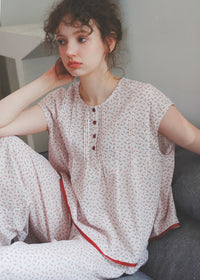 Soft Rouge Cotton Pajama Set Floral Loose Cape Top Long Lounge Set