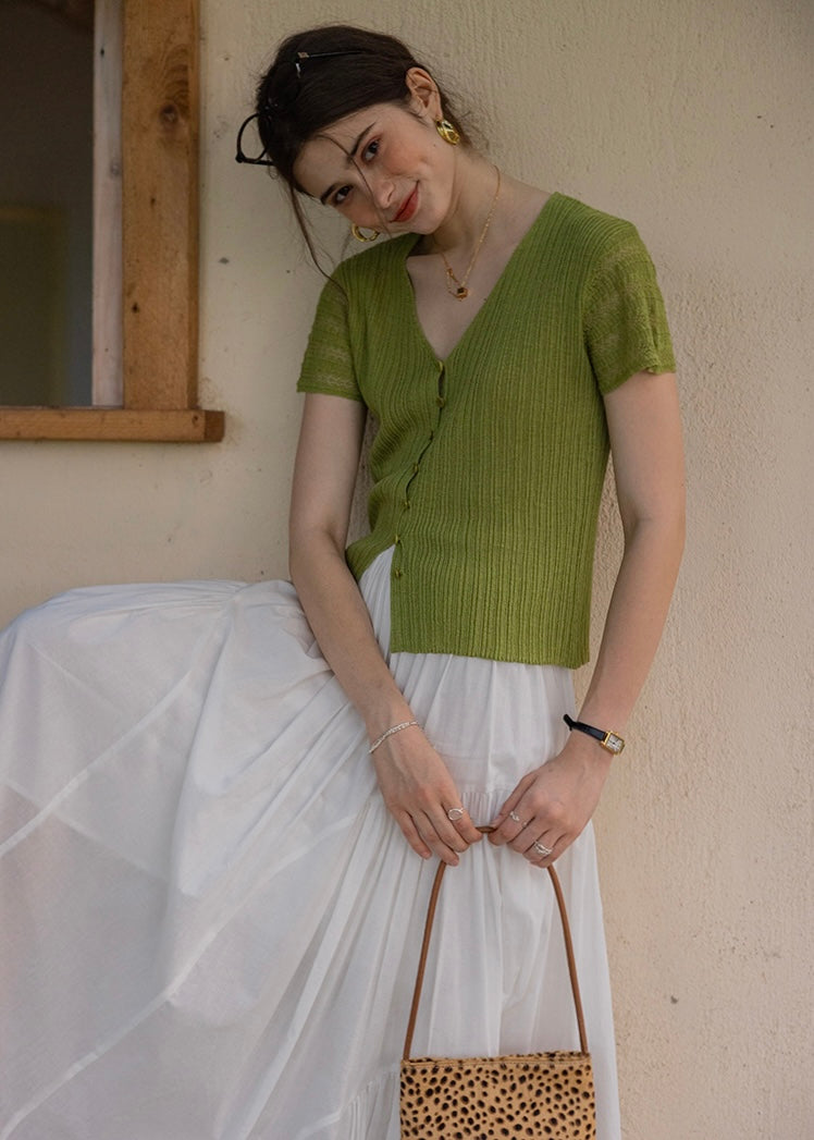 Été Knit Button Top | Slim Fit V-Neck Ribbed Summer Cardigan Blouse(2COLOR)