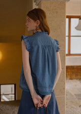 Blueberry Ruffle Gingham Blouse | Vintage Sleeveless Summer Top