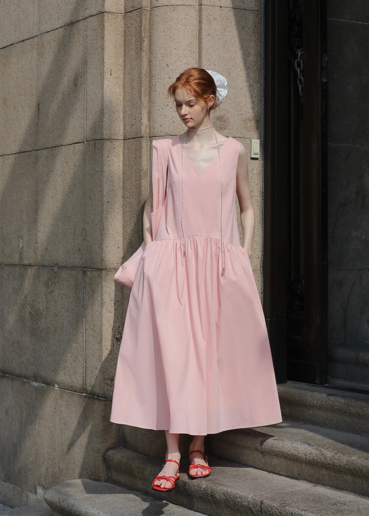 Summer Petal Cotton Dress | Light Pink Sleeveless Dress