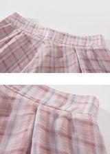 Soft Pink Plaid High Waist Flare long Skirt