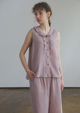 Soft Mauve Cotton Pajama Set Vintage Check Sleeveless Wide Lounge Set
