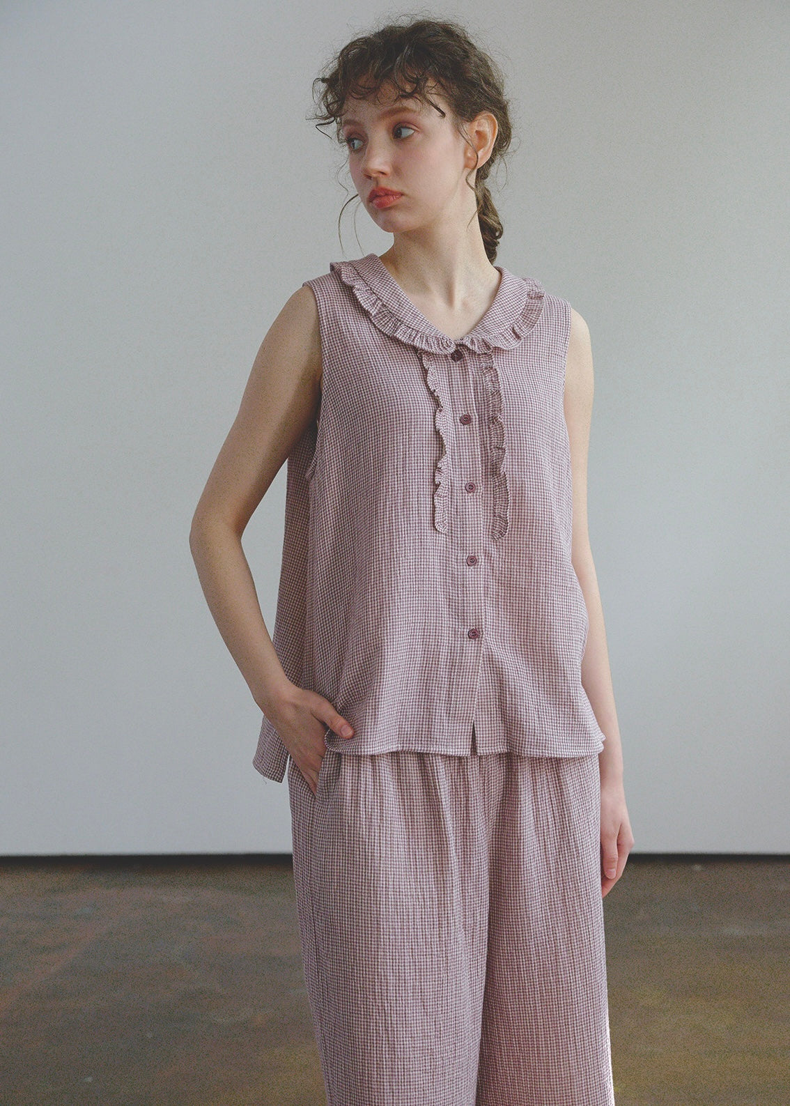 Soft Mauve Cotton Pajama Set Vintage Check Sleeveless Wide Lounge Set