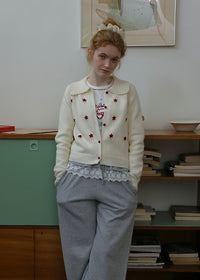 Vintage Floral Embroidered Collared Knit Cardigan