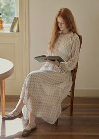 Vintage Floral Smocked Waist Ruffle Neck Long Dress