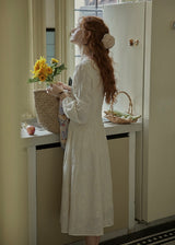 Cream Beige Vintage Ruched Waist Embroidered Dress