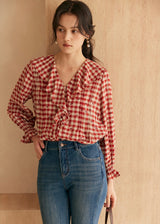 Rosie Ruffle Blouse | Vintage Red Gingham Floral Embroidered Top