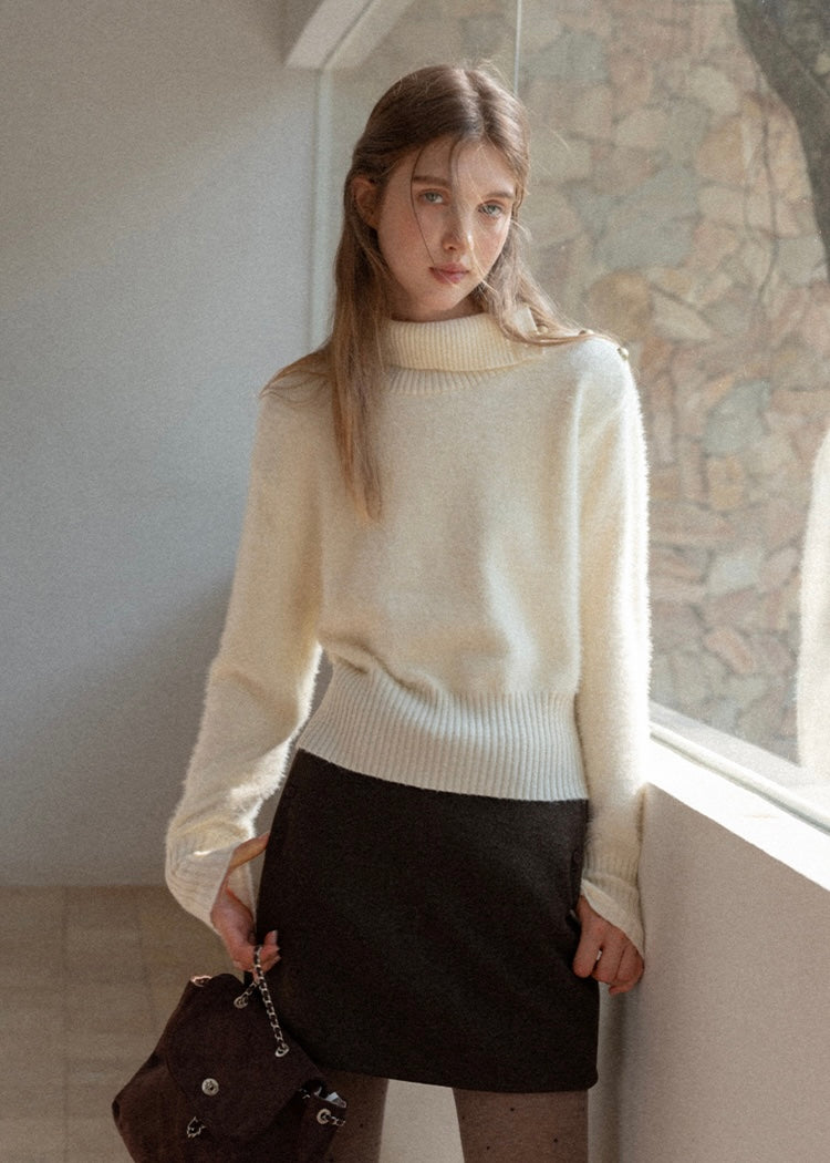 Cream Apricot Diagonal Button Collar Knit Sweater