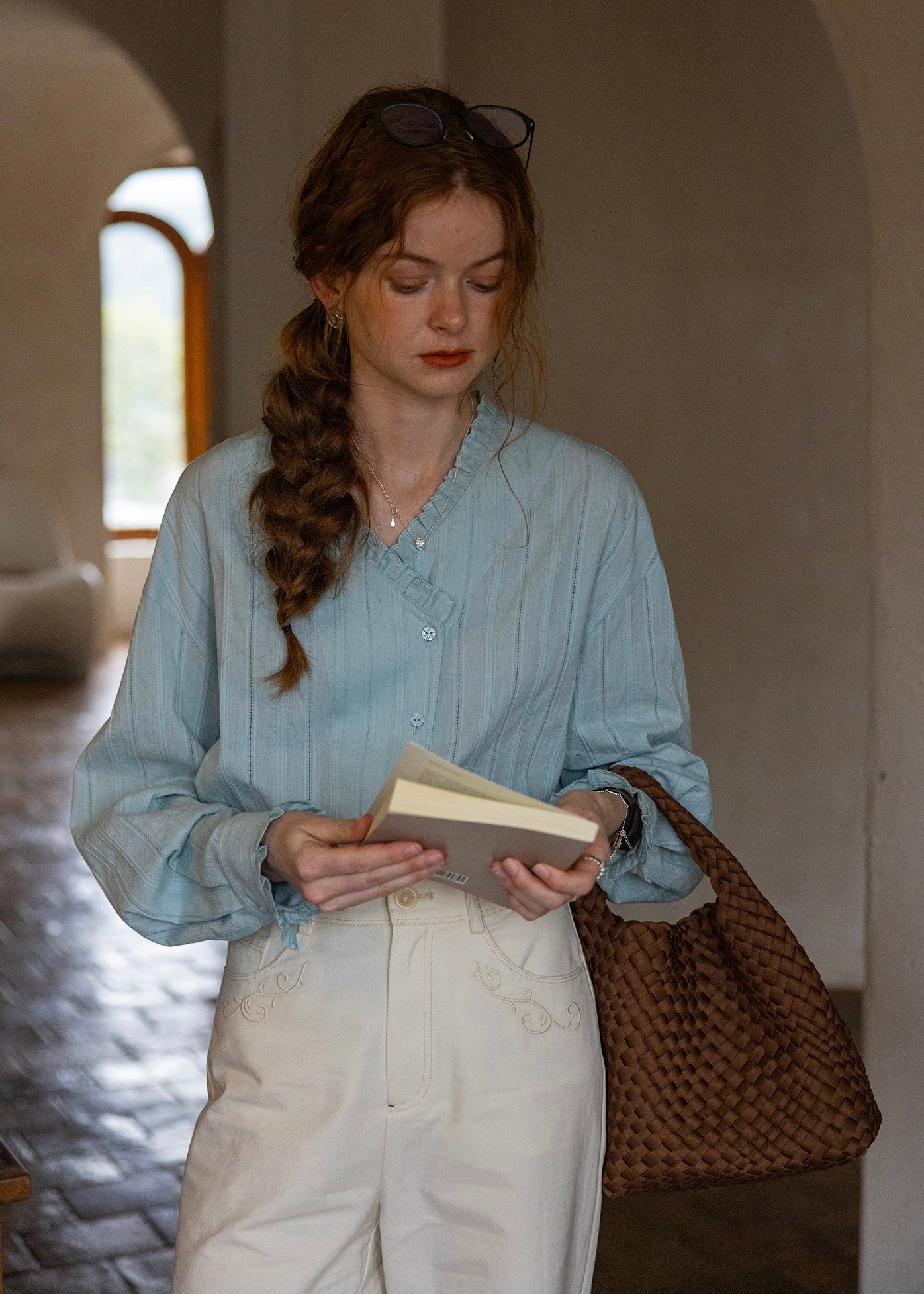 Vintage Jacquard Salt Line Shirt Cotton Blouse(2COLOR)