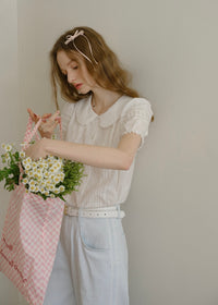 Evelyn Eyelet Blouse | Vintage White Cotton Shirt with Pintuck and Lace Collar