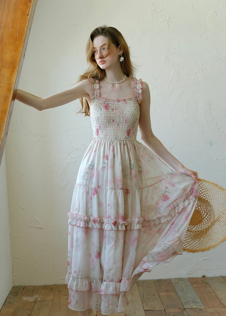 Rosette Waltz Tiered Floral Smocked Strap Dress