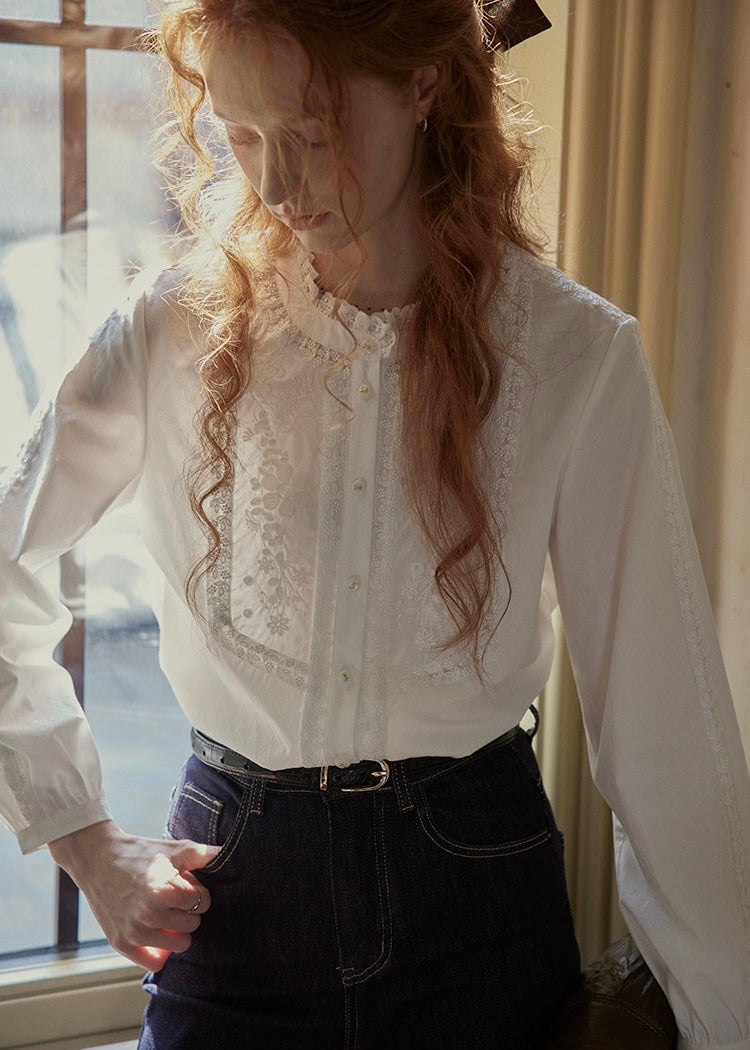 Lace Embroidered French Vintage White Blouse