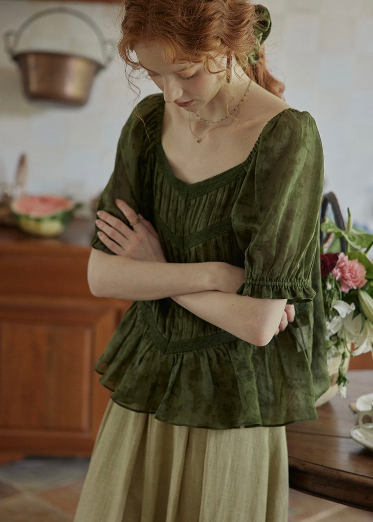 Château Garden Pintuck Blouse | Vintage Dark Green Peplum Top