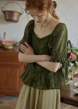 Château Garden Pintuck Blouse | Vintage Dark Green Peplum Top