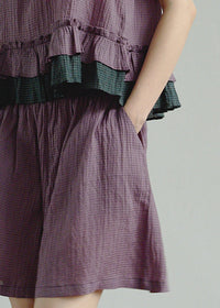 Plum Check Frill Linen Loungewear Sleeveless Top Shorts Pajama Set