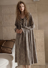Autumn Stripe Beige Black Vintage Ruffle Pajama Dress Nightwear